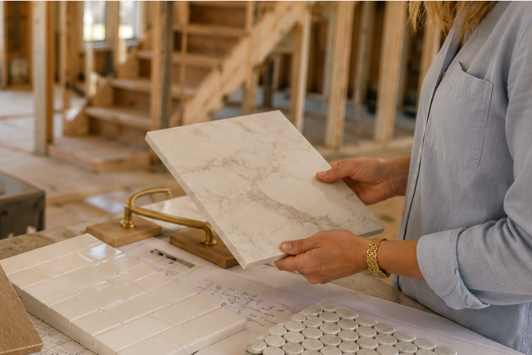 Person in a gray shirt holding a marble countertop sample in a construction site with tile samples on a table.