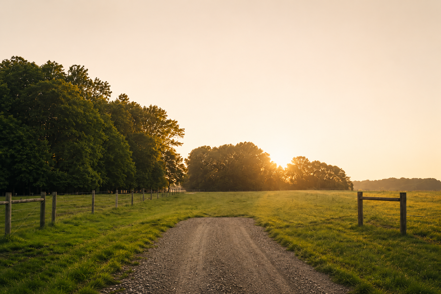 A dirt country road with grass on both sides, wooden fences, and large trees in the distance as the sun sets in the background.