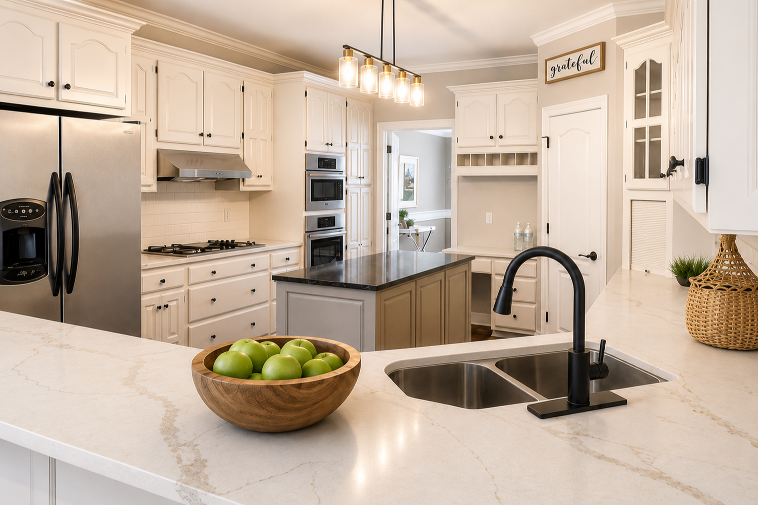 Modern kitchen with white cabinets, black hardware, stainless steel appliances, a black faucet, a wooden bowl of green apples, and a sign that says 'grateful' on the wall.