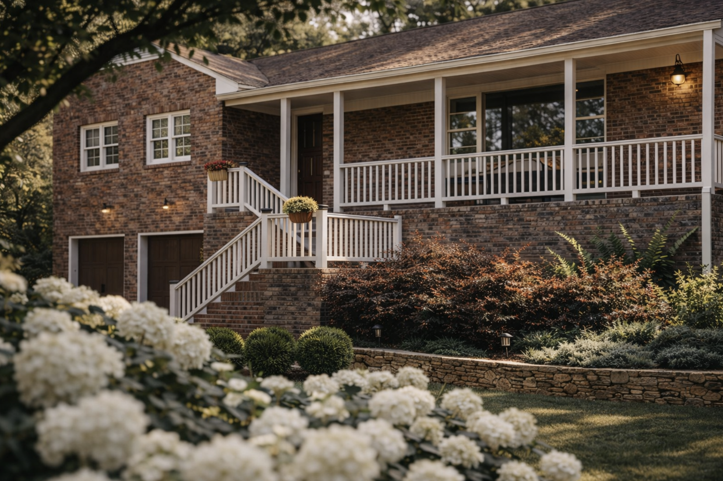 A brick house with a porch and a white railing, decorated with potted flowers, surrounded by greenery and flowers, during sunset.