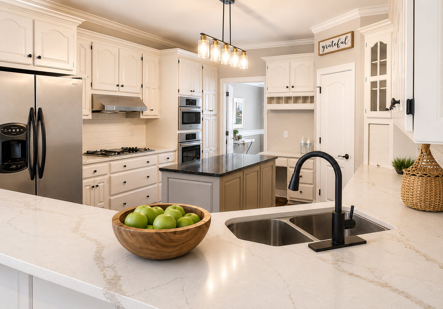 Bright kitchen with white cabinetry, black hardware, stainless steel refrigerator, built-in microwave and oven, and black faucet over a double sink with a marble countertop. Green apples in a wooden bowl on the counter.