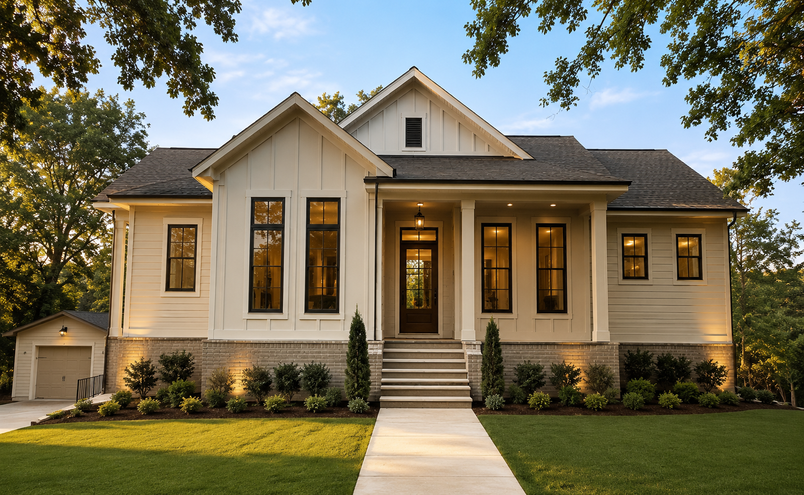 Front view of a modern two-story house during sunset with a well-maintained lawn and garden, illuminated exterior lights, and large front windows.
