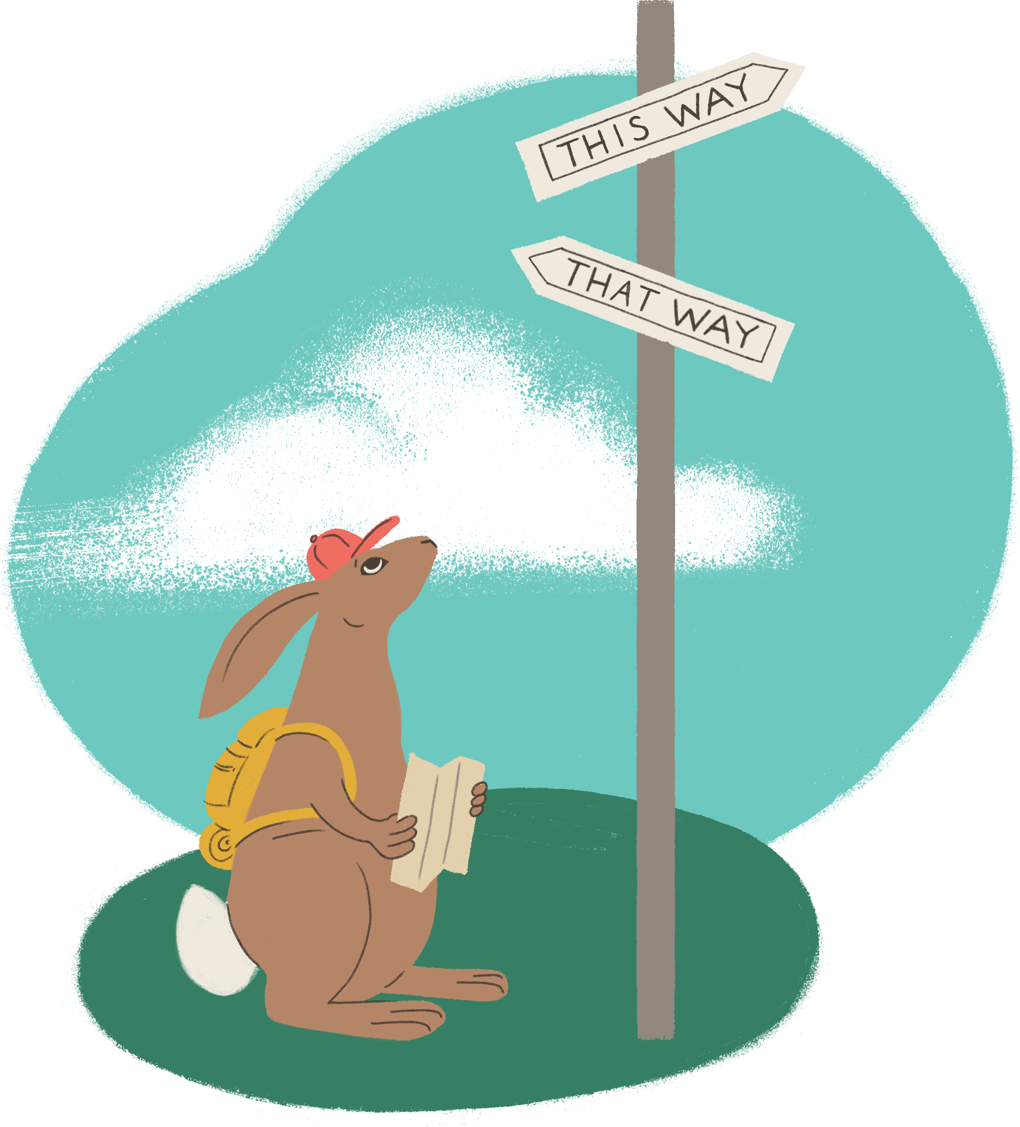 A cartoon rabbit who is lost wearing a yellow backpack holding a map, looking at two directional signs that say 'This Way' and 'That Way'.