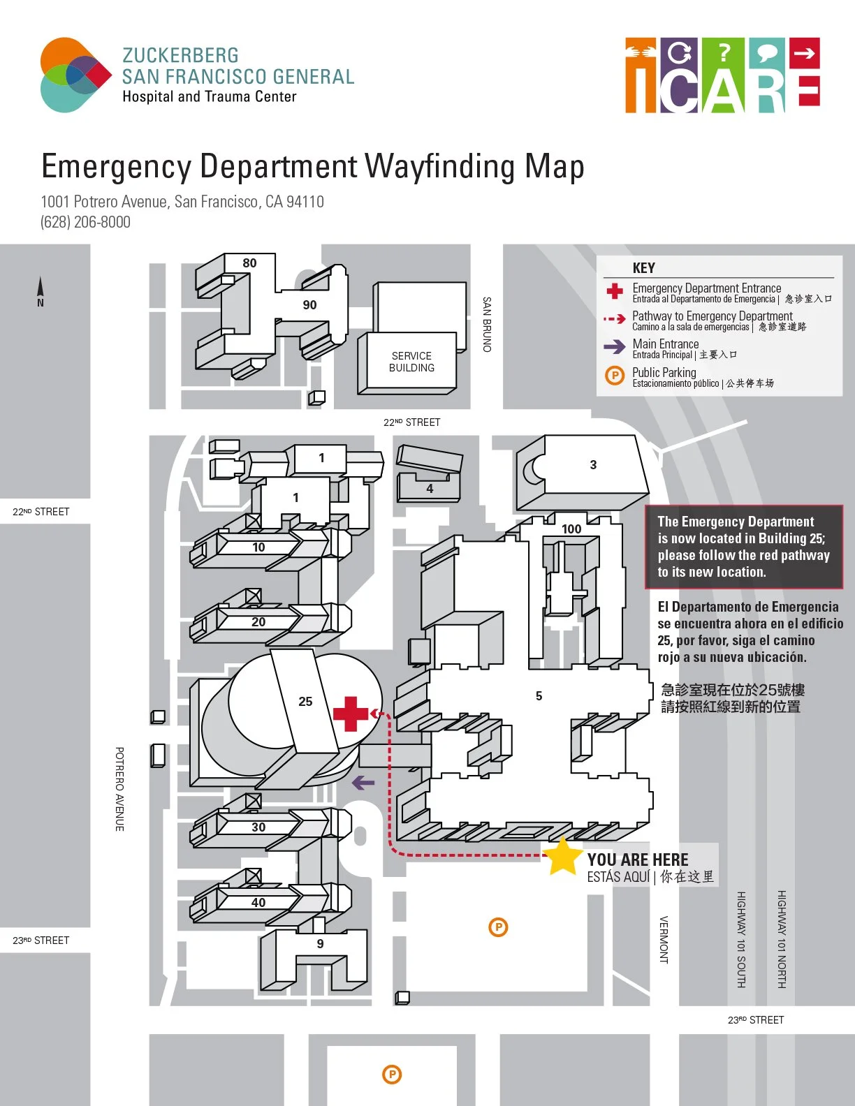 Map of the emergency department wayfinding at Zuckerberg San Francisco General Hospital, showing the main buildings, entrances, and parking areas with a marked route to the new emergency department location in Building 25.