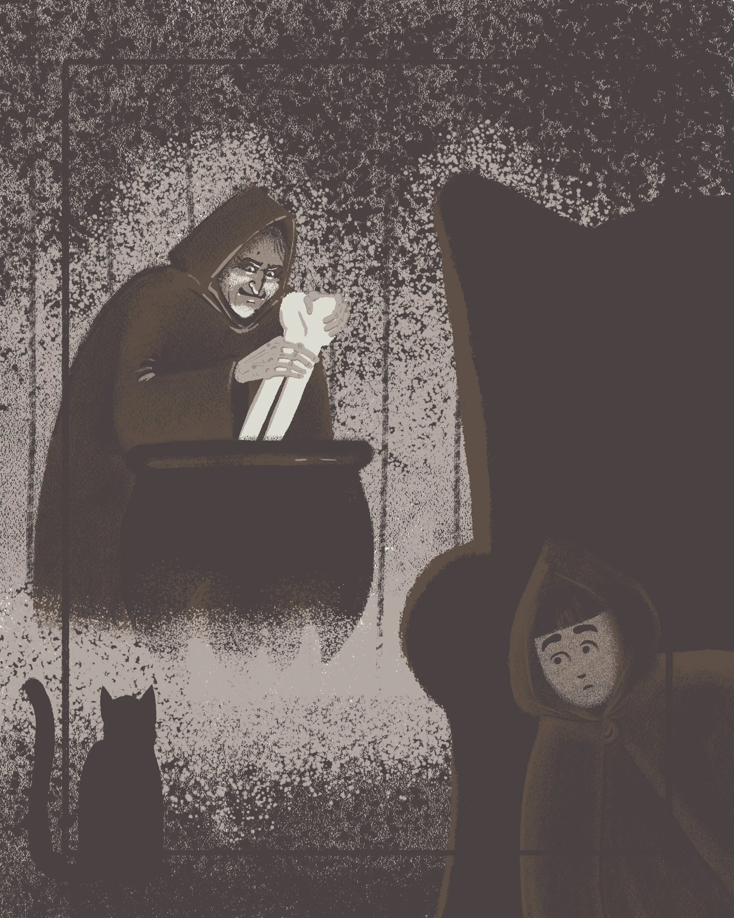 Simon Hiding from the Scary Witch Brewing a potion in a Cauldron