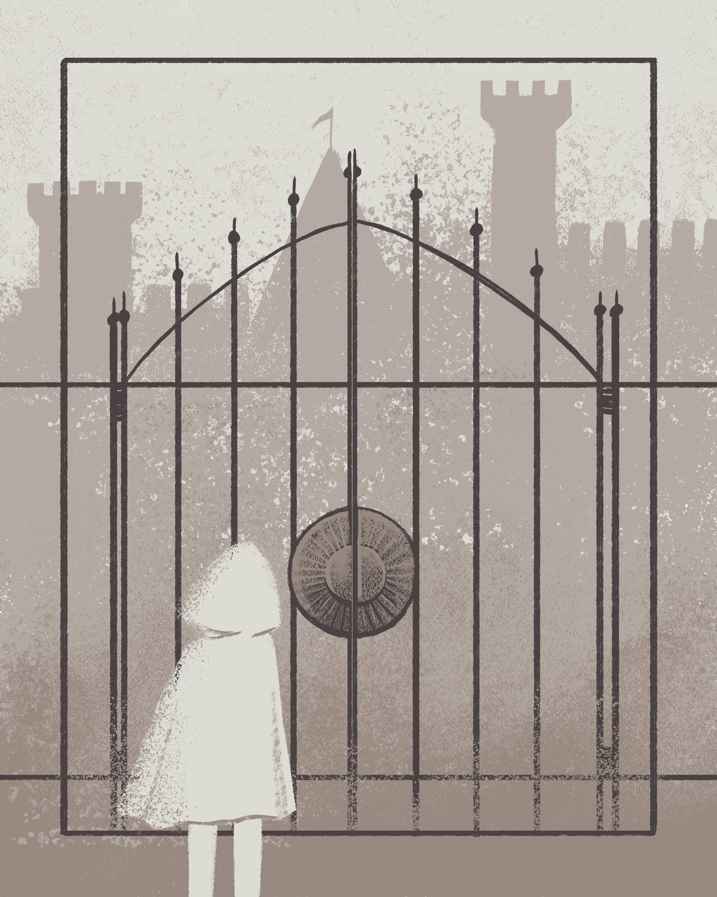 Simon Peering through the Gates at the Castle in the Distance