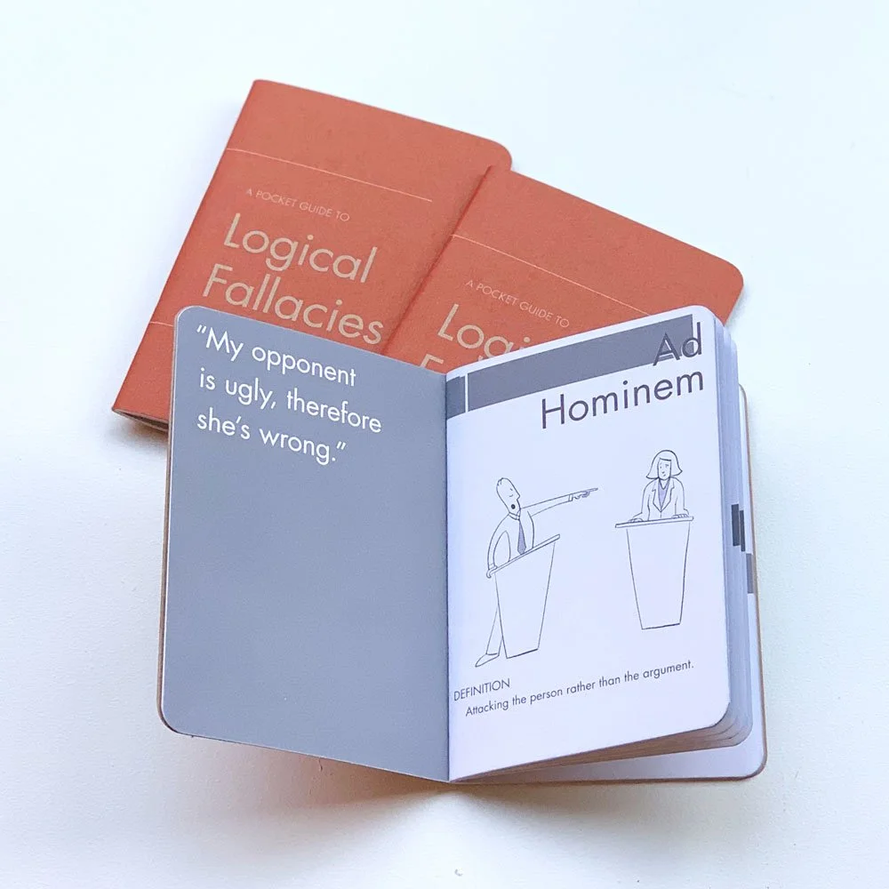 Open book featuring a logical fallacy called 'ad hominem,' with a cartoon illustration of two people arguing from podiums and a quote about opponents being ugly.