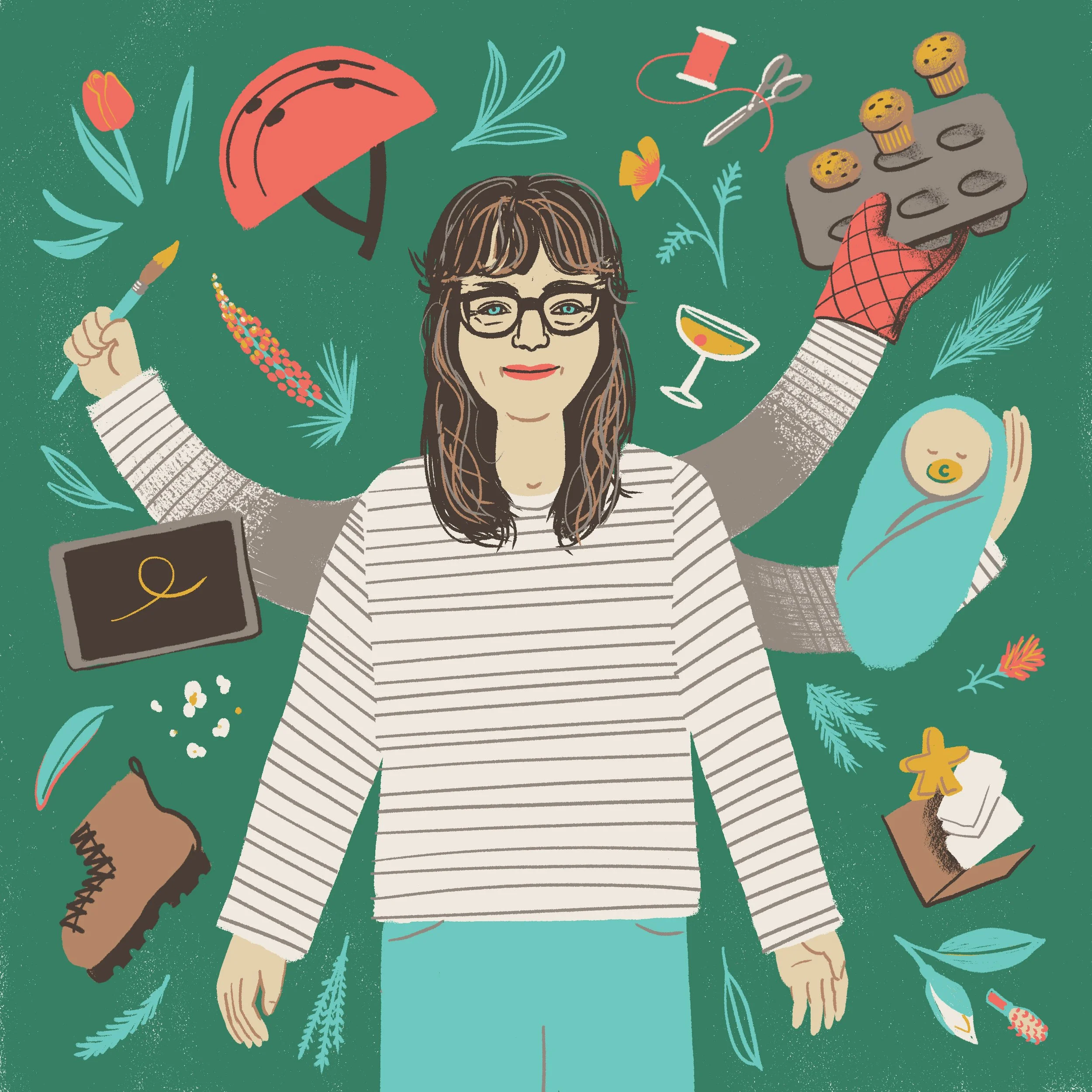 Digital illustration of a multi-tasking woman, Kathleen Kowal, with brown hair and glasses, surrounded by gardening and crafting tools, flowers, cupcakes, a bike helmet, drawing tablet, and a baby wrapped in a blanket.