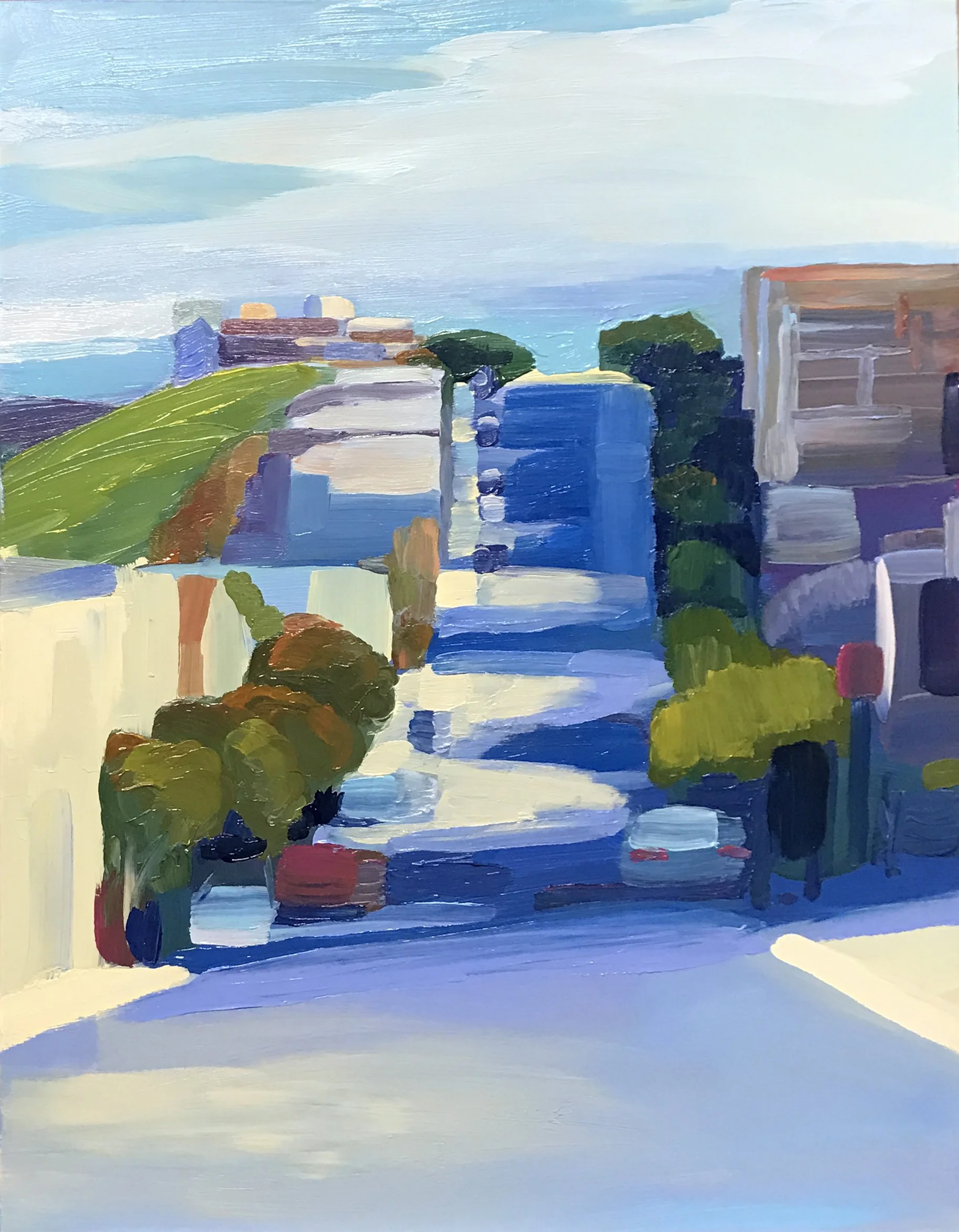 An abstract painting of a San Francisco cityscape with buildings, trees, and a blue sky.