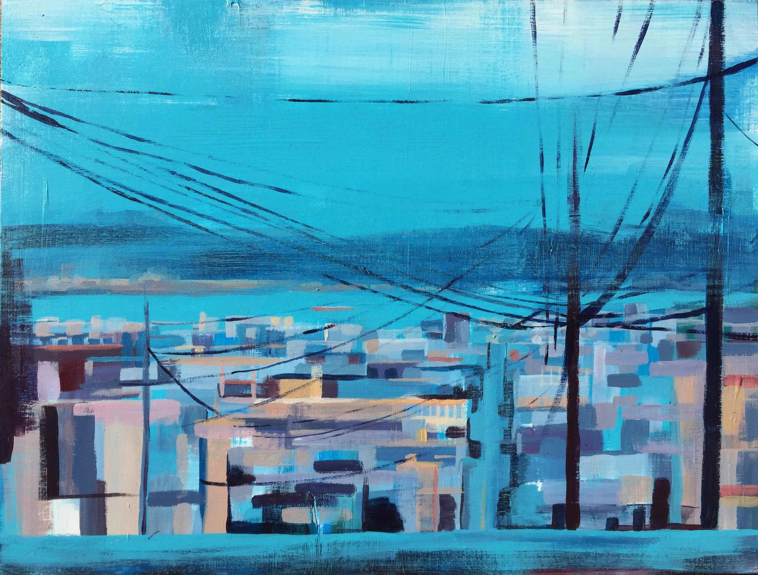 An abstract landscape painting of San Francisco with blue hues, black lines, and geometric shapes.