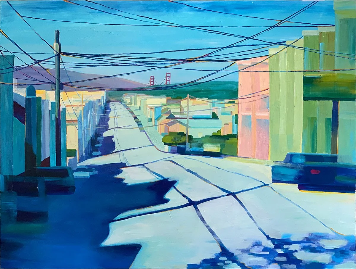 A colorful painting of a San Francisco city street in the outer Richmond with utility poles and wires, buildings on both sides, and mountains in the background with the Golden Gate Bridge visible in the distance.