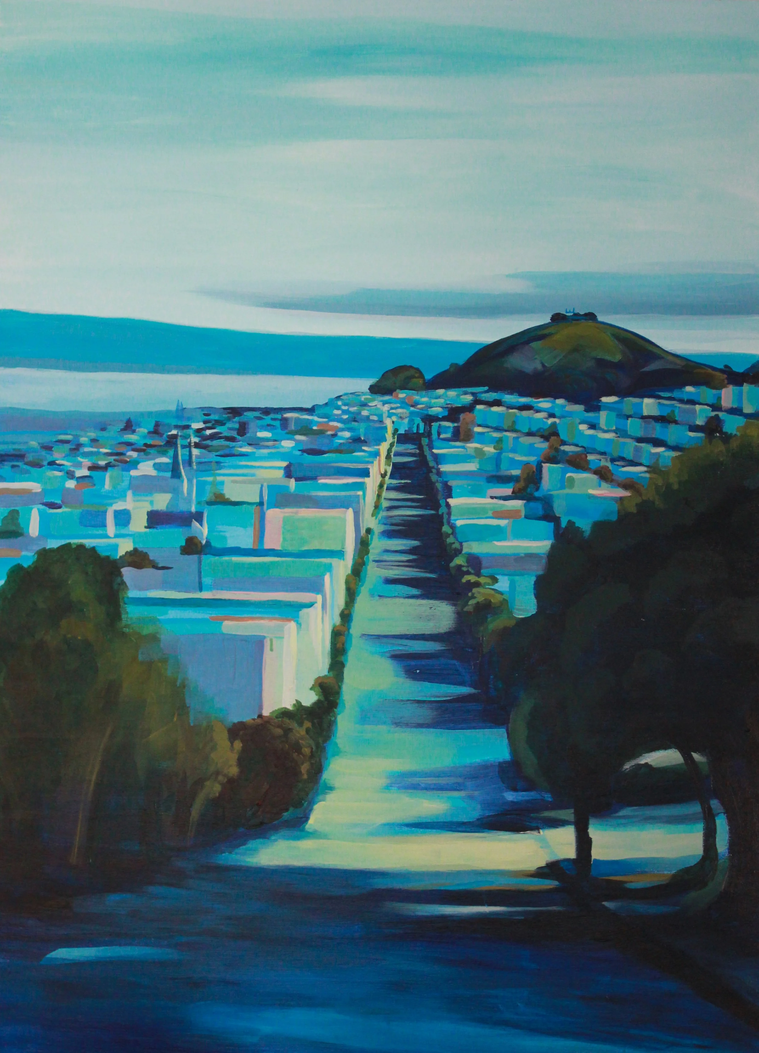 An acrylic painting depicting a landscape with the San Francisco Bay, trees, a Bernal Heights peak, and a skyline with clouds and the Oakland hills in the distant background, painted in various shades of blue and green with pops of yellow.