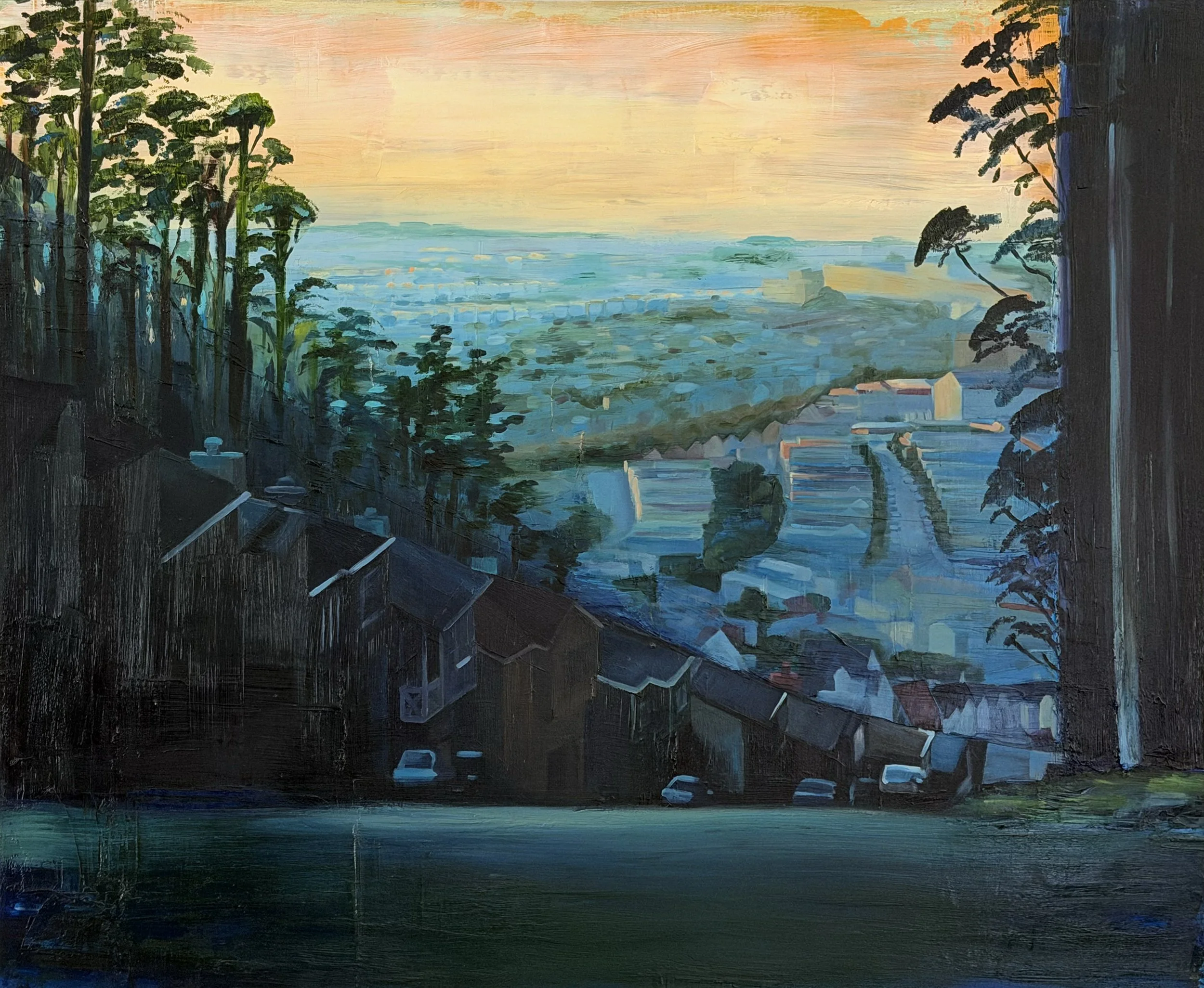 A landscape painting of a sunset from the top of Mount Davidson in San Francisco looking towards ocean over the western half of the city with trees on both sides and a steep slope of houses.