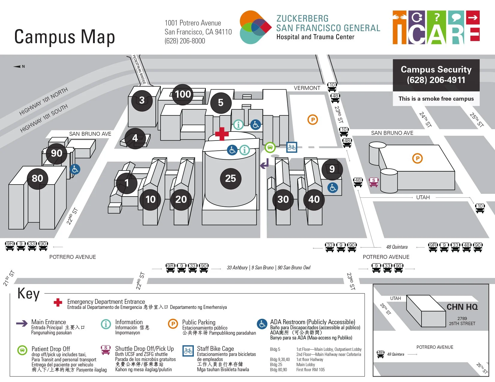 Campus map of Zuckerberg San Francisco General Hospital, showing main entrances, emergency department, staff bike cage, patient drop-off, shuttle stops, and parking areas, with surrounding streets.