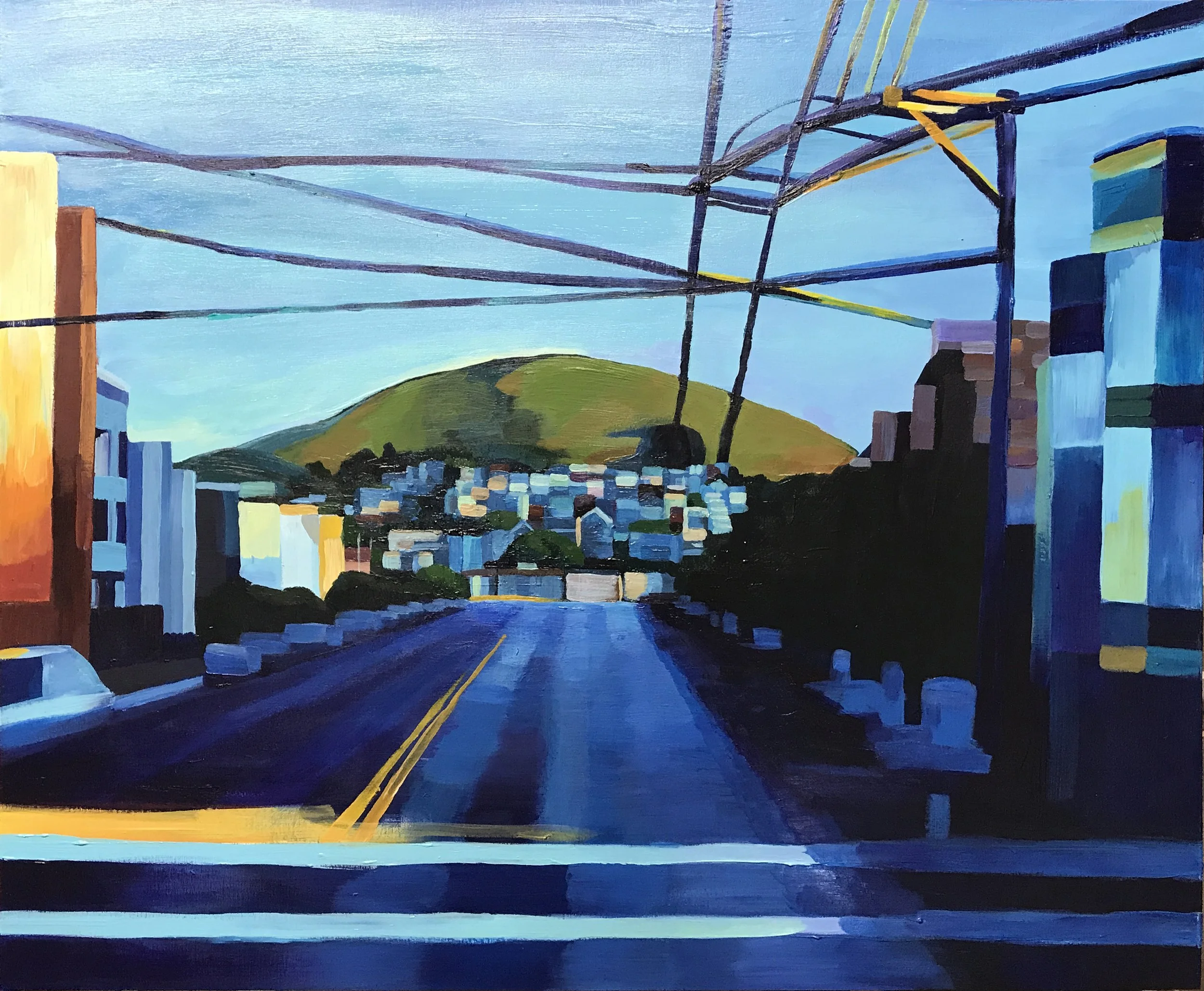 A painting of a San Francisco street scene, South Van Ness, with buildings on either side, Bernal Heights hill in the background, and a clear blue sky.