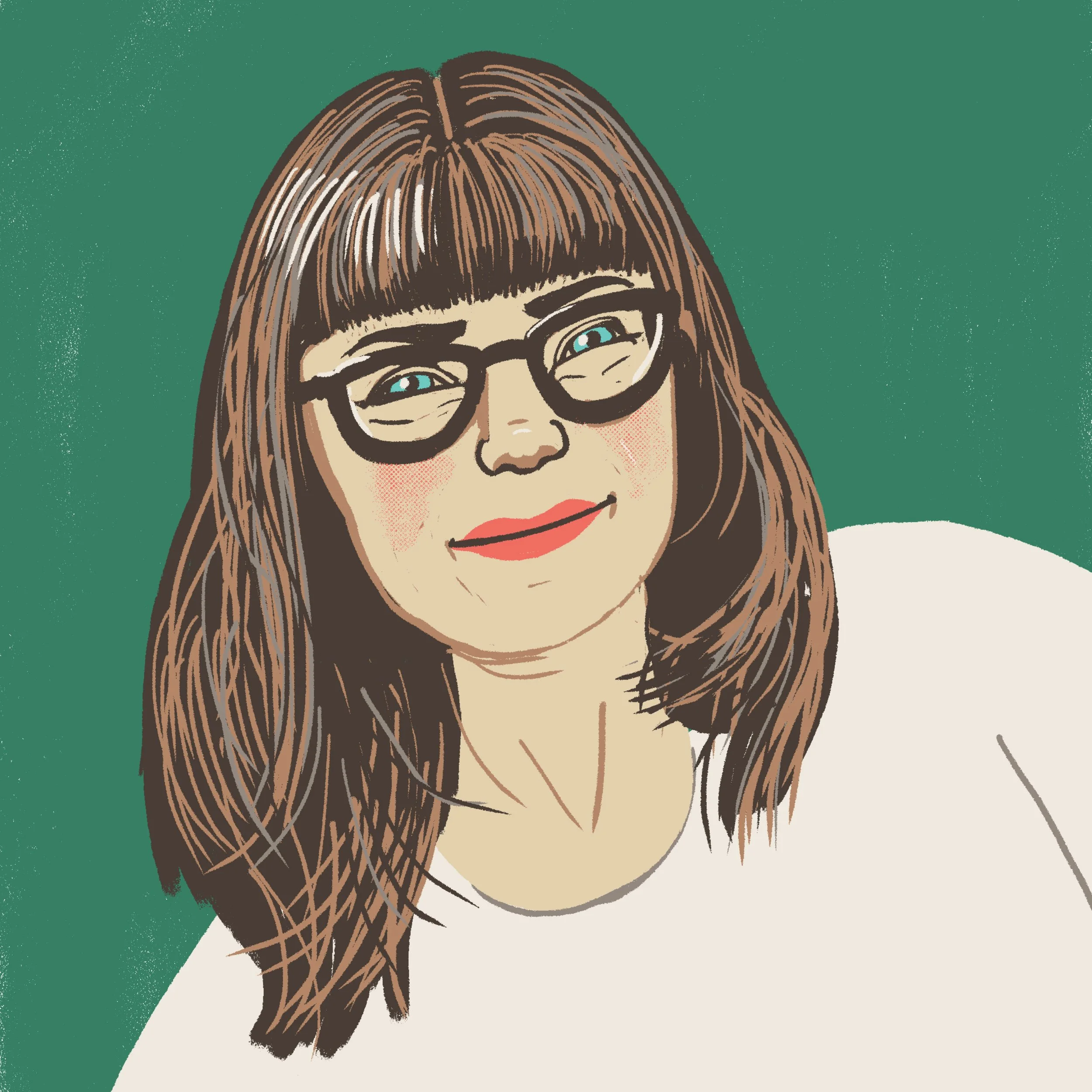 Digital illustration of a woman, Kathleen Kowal, with long brown hair, glasses, and red lipstick, smiling against a green background.
