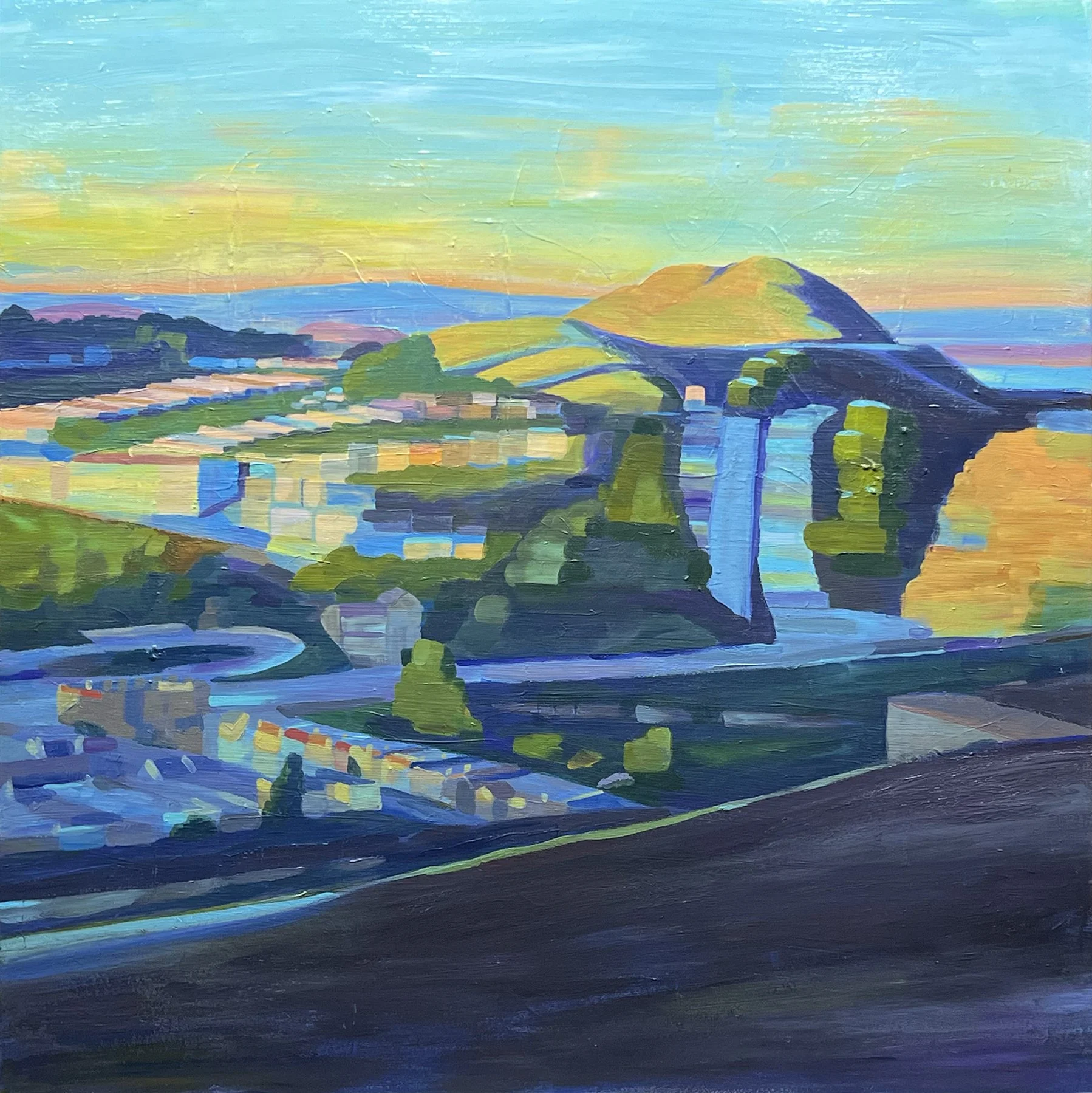 A colorful landscape painting of the backside of Twin Peaks in San Francisco featuring hills, trees, streets, buildings, and sky with bright pastel shades and broad brushstrokes.