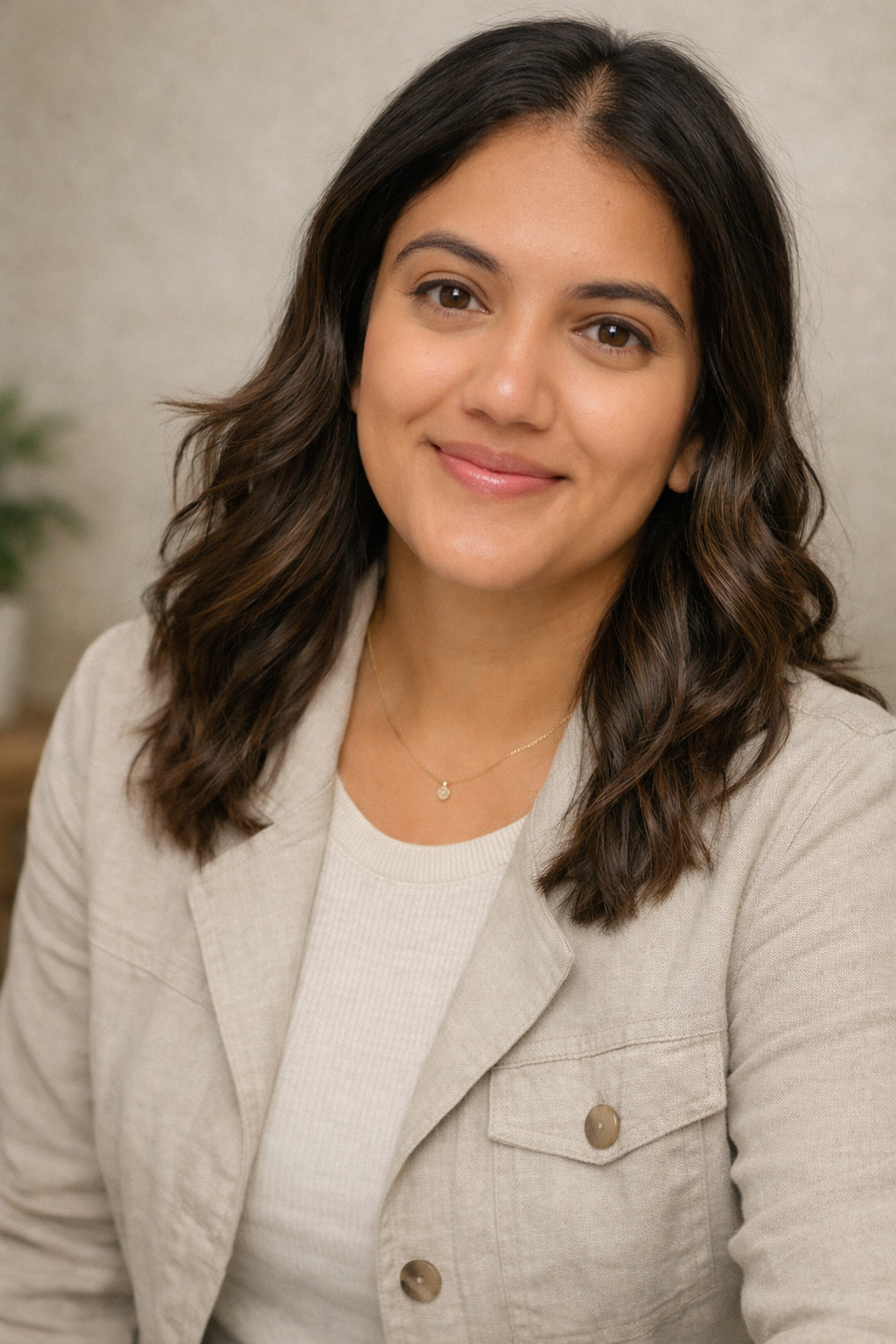 A young woman with shoulder-length wavy dark hair smiling at the camera, wearing a beige blazer, white top, and a delicate gold necklace, in front of a neutral background.