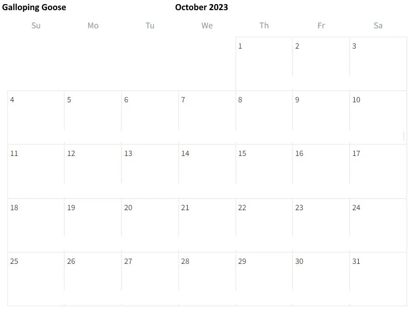 October 2023 calendar from Galloping Goose with days of the week and dates listed in a grid format.