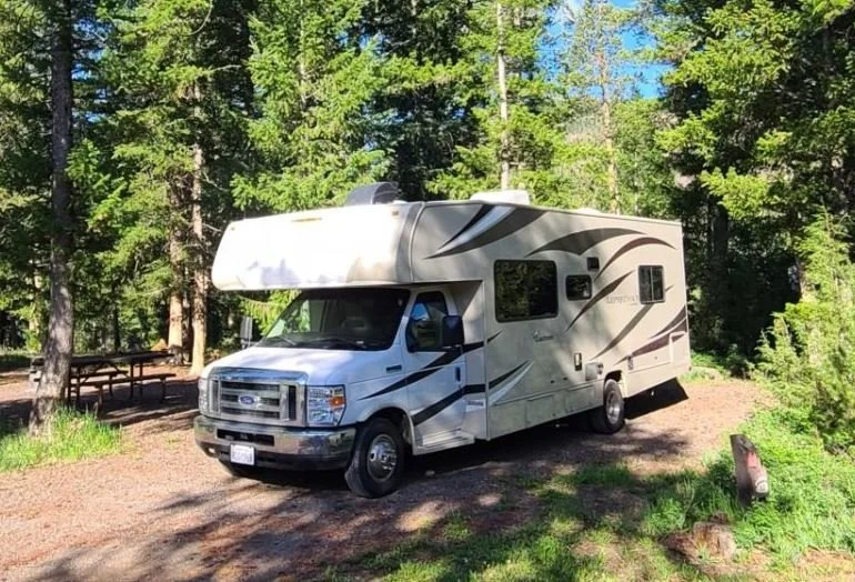 A white recreational vehicle parked in a forested campsite surrounded by green trees.