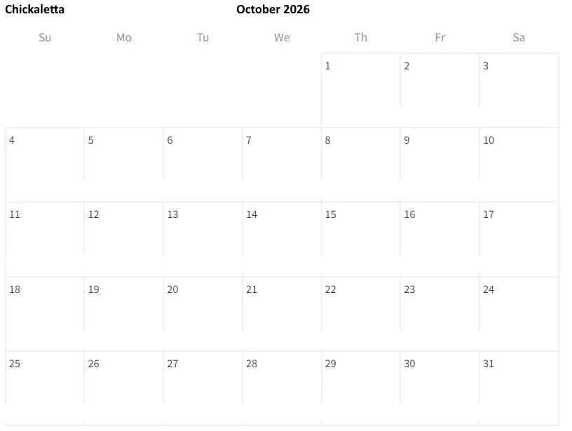 October 2026 calendar for Chickaletta, showing dates from October 1st to October 31st without any events or additional details.