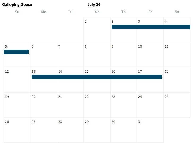 Calendar for July 2023 showing galloping goose as scheduled from July 2 to 5, July 13 to 18, and July 25 to 31.