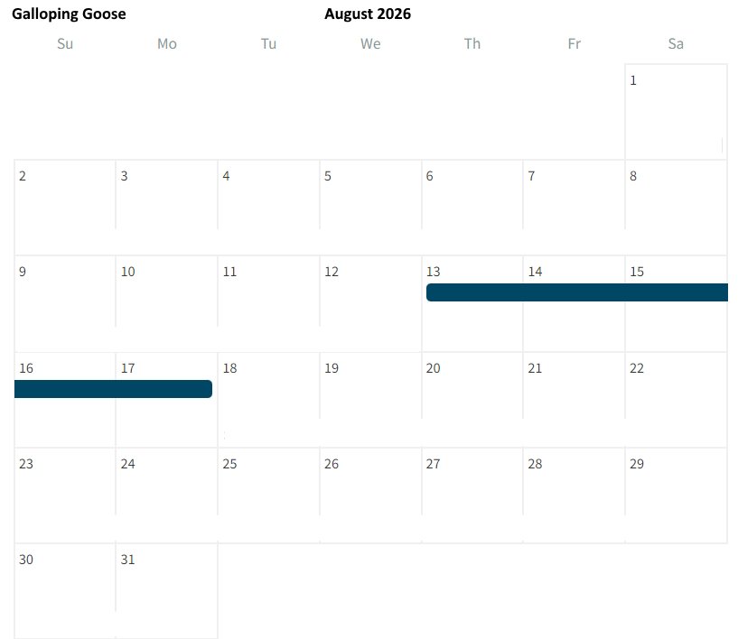 August 2026 calendar for Galloping Goose, with events on August 14, 15, and 17.
