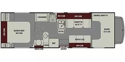 Floor plan of a compact RV with a queen bed, bathroom with shower, kitchen with microwave and refrigerator, dinette, sofa, bunk beds, and a swing-arm TV.