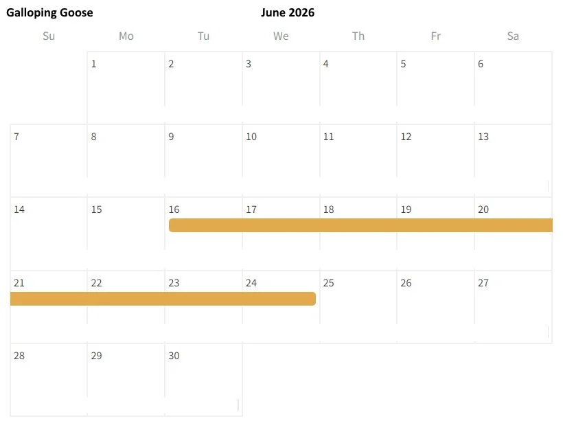 A calendar for June 2026 titled Galloping Goose, with two date ranges highlighted in gold: June 16 to June 20 and June 22 to June 24.