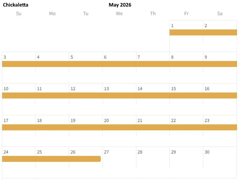May 2026 calendar for Chickaletta showing days marked with orange highlighting on May 1-2, 3-9, 10-16, 17-23, and 24-26.