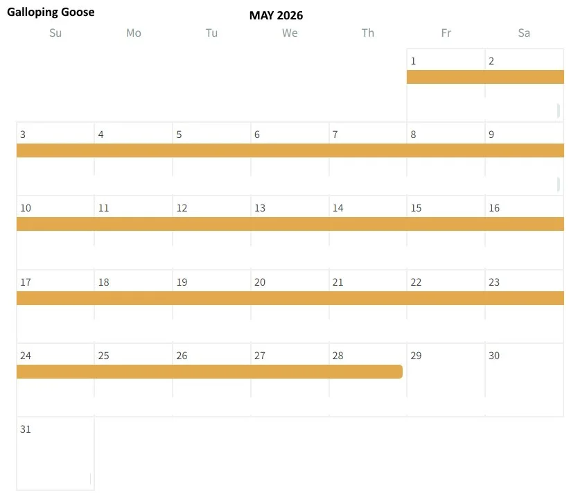 Calendar for May 2026 from Galloping Goose with marked days.