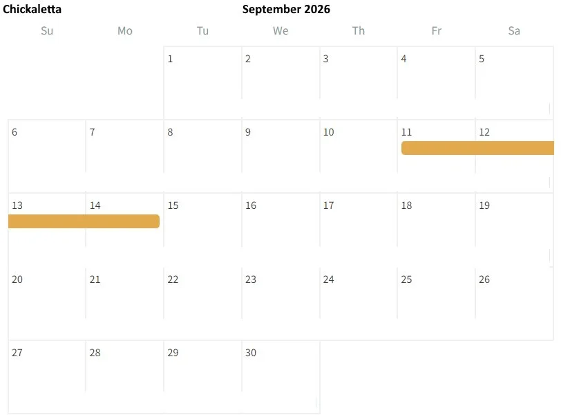 A calendar for September 2026 showing the days of the week from Sunday to Saturday. There are two highlighted periods: one on September 11-12 and another spanning September 13-15.