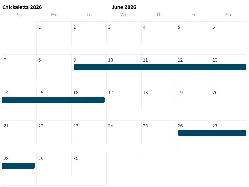 A calendar for June 2026 showing dates from June 1 to June 30, with events marked on June 9-13, June 14-17, June 26-27, and June 28.