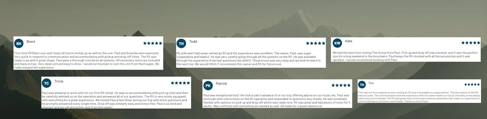 Testimonials from five customers about their RV rental experiences, with star ratings.