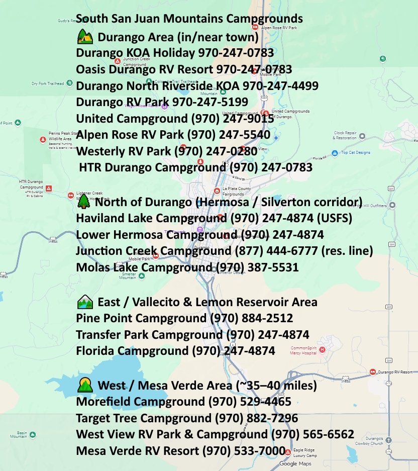 Map of campgrounds and RV parks around Durango, Colorado. Locations include Durango KOA, Oasis Durango RV Resort, Durango North Riverside KOA, Durango RV Park, and others, each with contact phone numbers. The map shows areas such as South San Juan Mountains Campsites, North of Durango, and West Mesa Verde Area, with icons indicating campgrounds.