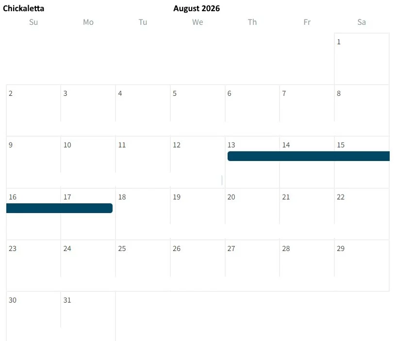 August 2026 calendar for Chickaletta, showing events from the 13th to the 18th with dark blue blocks on the 14th to 18th and 17th.