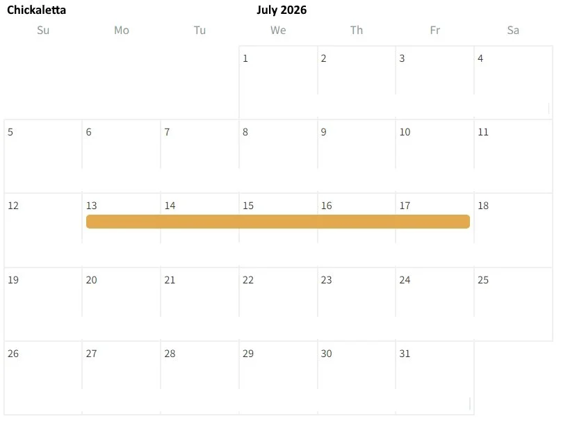 A calendar for July 2026 showing a scheduled event from July 13th to July 18th, highlighted with a gold bar.