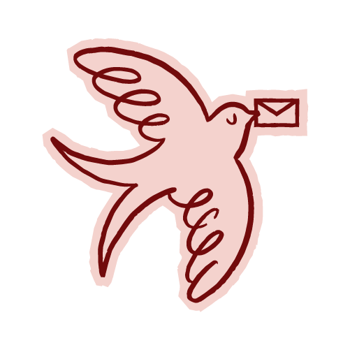 A drawing of a bird holding an envelope in its beak.