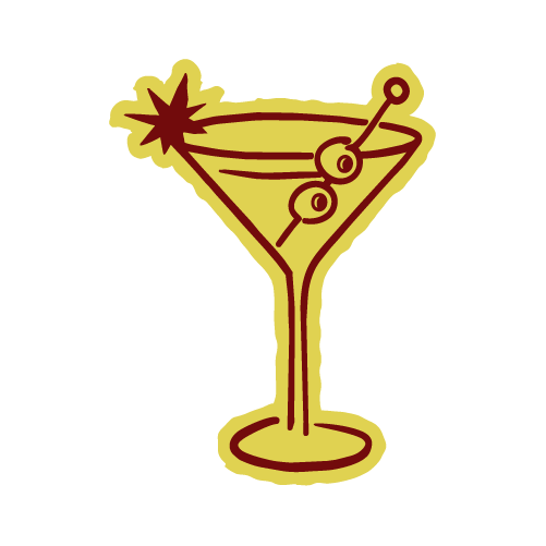 Simple illustration of a cocktail glass with three olives and a star-shaped garnish.
