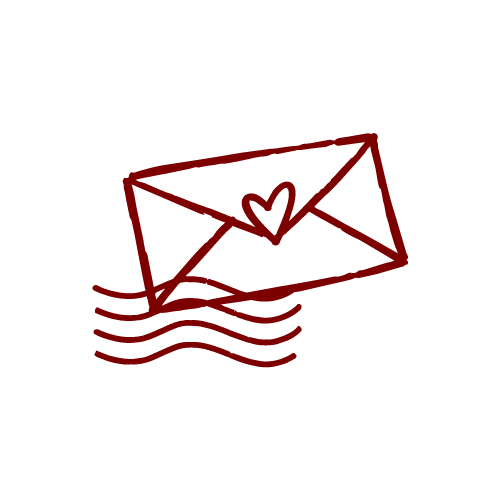 Red outline of an envelope with a heart inside, floating on water with wave lines underneath, and three lines indicating motion or sound.