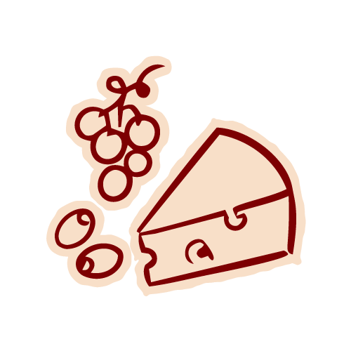 Cartoon illustration of grapes and a cheese wedge on a black background.