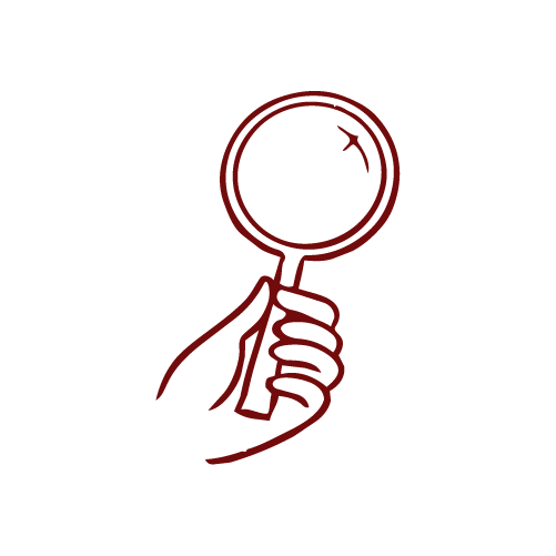 A hand holding a magnifying glass.