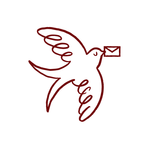 Line drawing of a hummingbird holding an envelope in its beak, with wings and tail extending outward.