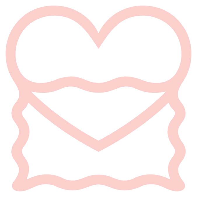 Pink line drawing of a heart with a wavy square border on a black background.