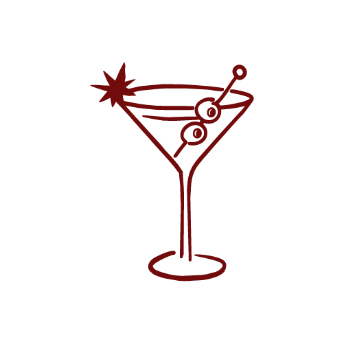A minimalist illustration of a cocktail glass with a cherry and an explosion or burst effect at the top, drawn in dark red lines on a black background.