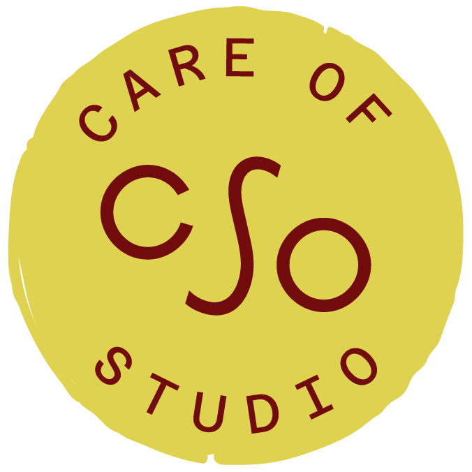 Logo of Care Of Co Studio with a yellow circle background and brown text