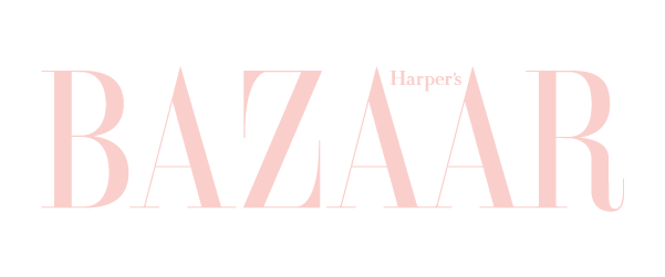 Harper's BAZAAR logo in pink and white typography on a black background.