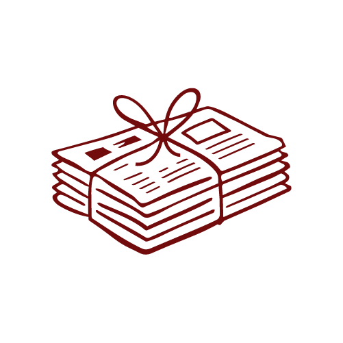 Stack of money bills tied with a ribbon, line art illustration.