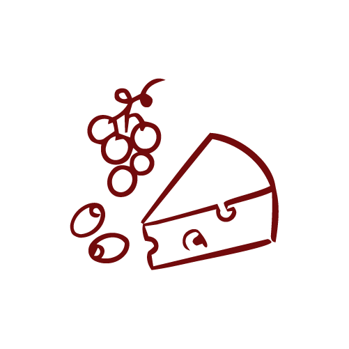 Illustration of grapes and cheese on a black background.