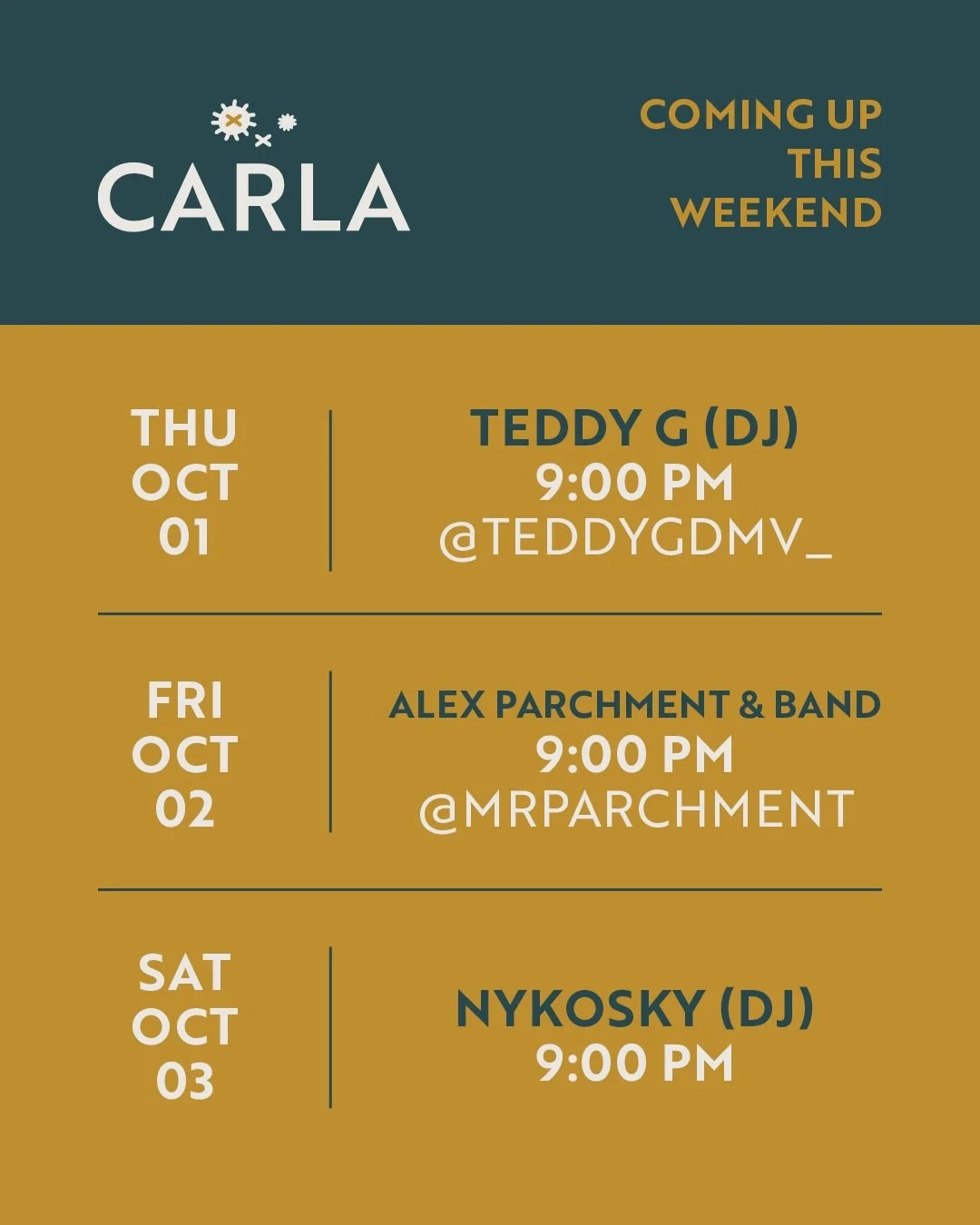 Friday night, a little jazz. 🎷 Saturday, a little more groove. 📀

Catch live jazz from @mrparchment tonight, and DJ NykoSky on the decks tomorrow, both from 9 to midnight. Come hang at CARLA and enjoy the tunes over $11 spritzes and $5 bites (all d